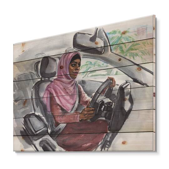 Designart - Arabian Woman Driving A Car III - Modern Print on Natural Pine Wood